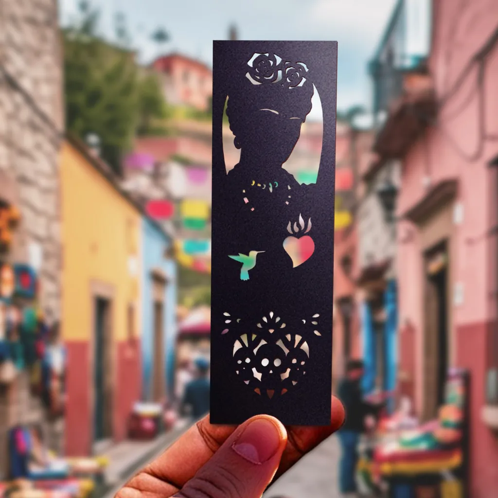 Marcapáginas troquelado de Frida Kahlo en polipropileno negro mate, con un colorido plueblo al fondo