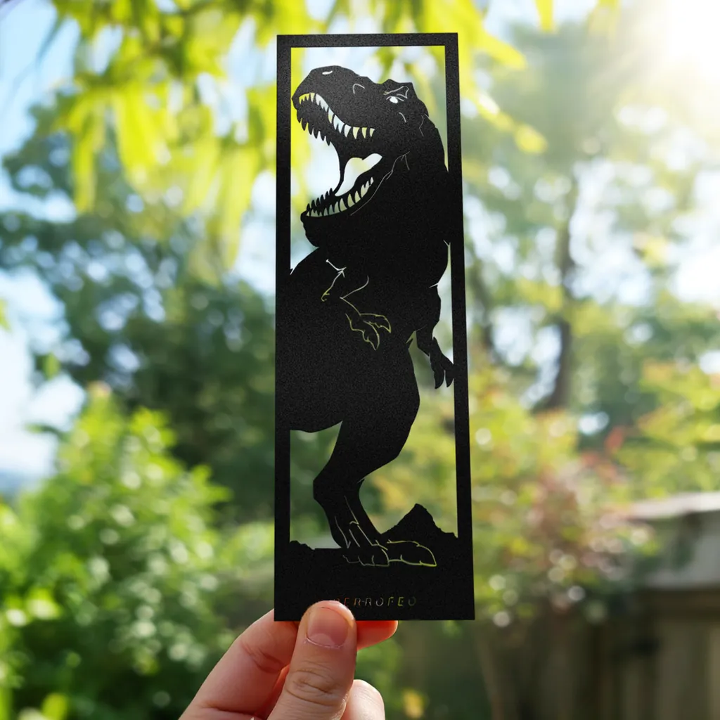 Marcapáginas de polipropileno negro con silueta troquelada de un Tiranosaurio Rex rugiendo con un jardín de foto