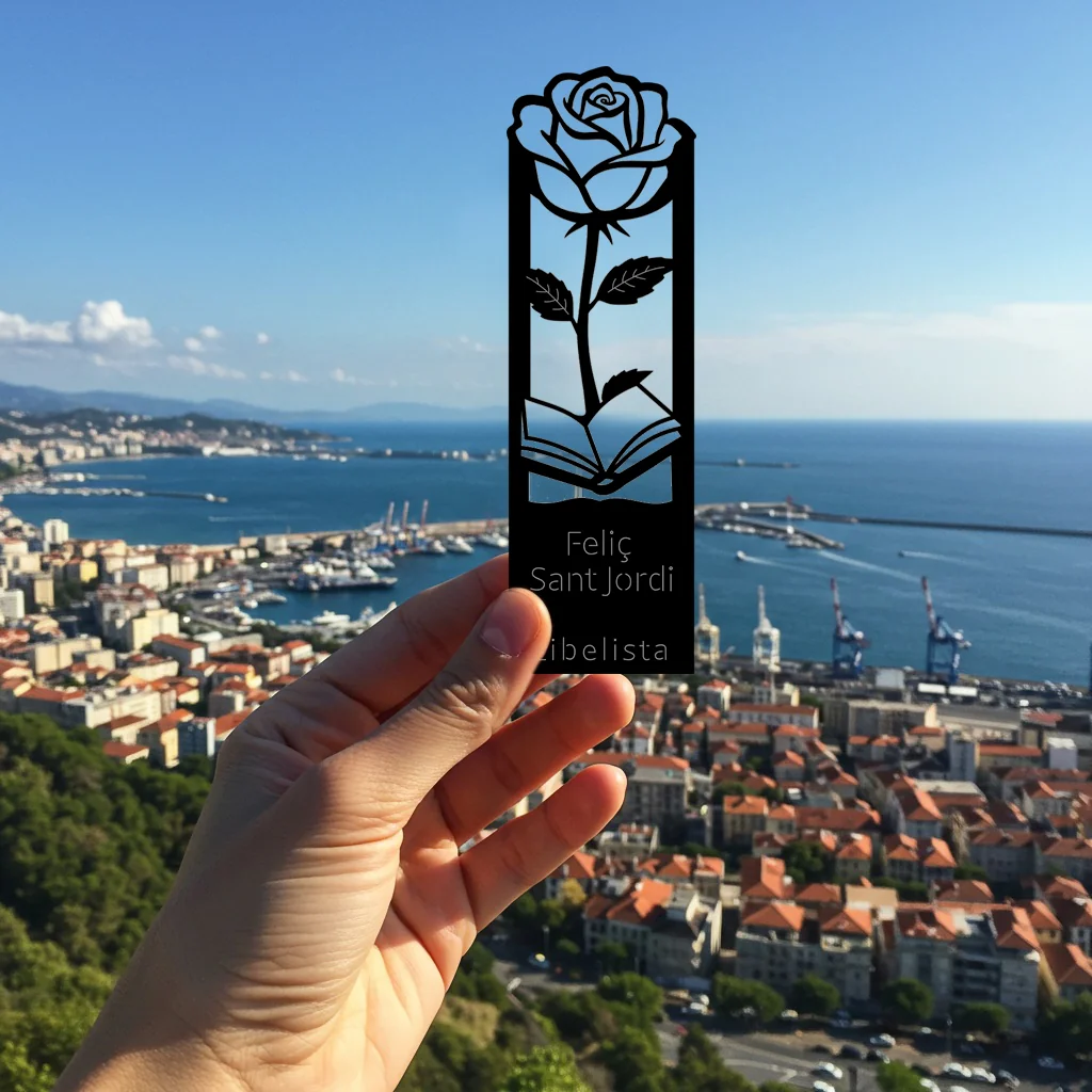 Mano sujetando el marcapáginas personalizado de rosa blanca para la librería Libelista con un puerto maritimo de fondo